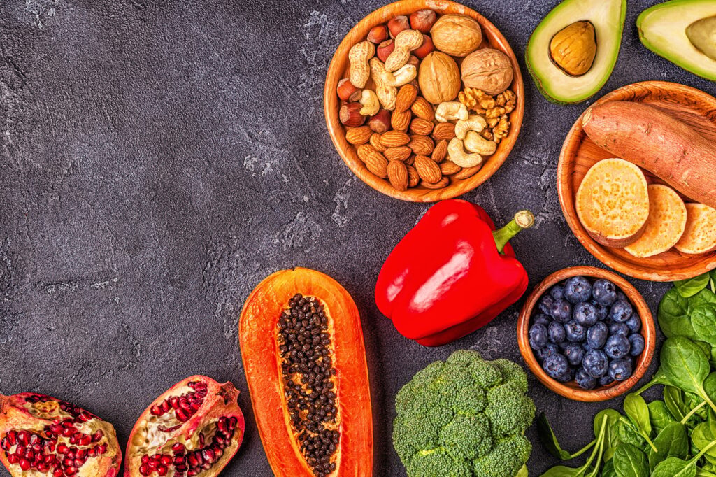 Anti-aging food - healthy fruits, vegetables, nuts.